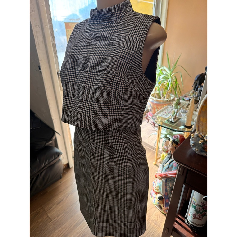 RW&CO Glen Plaid Houndstooth Layered Sheath Dress Black White Mock Neck Size 6 - Picture 3 of 7